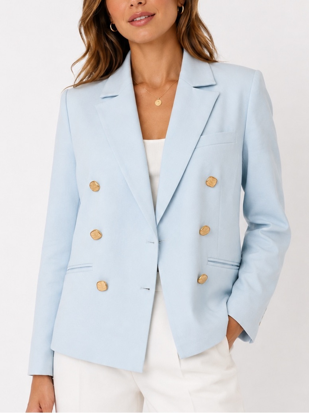 Light Blue Double Breasted Gold Button Blazer | Tailored Office Jacket XS